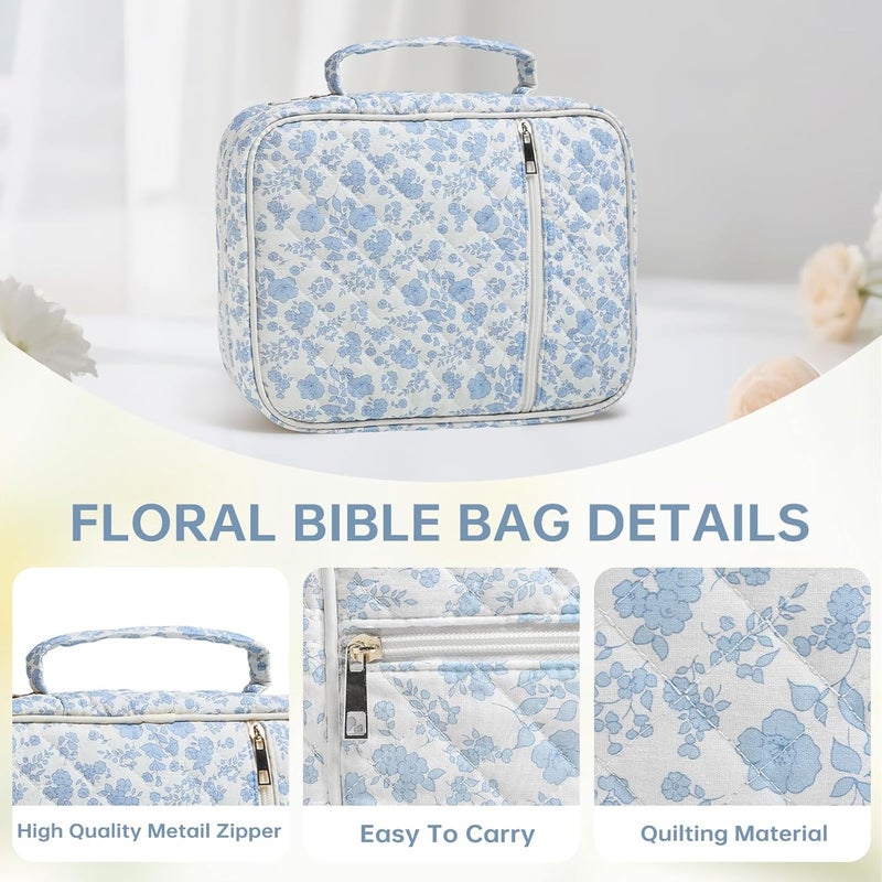 YKFLY Bible Cover Case for Women Large Bible Cover with Durable Handle Quilted Bible Carrying Case for Girls Bible Study Supplies Accessories (Blue Flower, Blue Flower) - Image 5